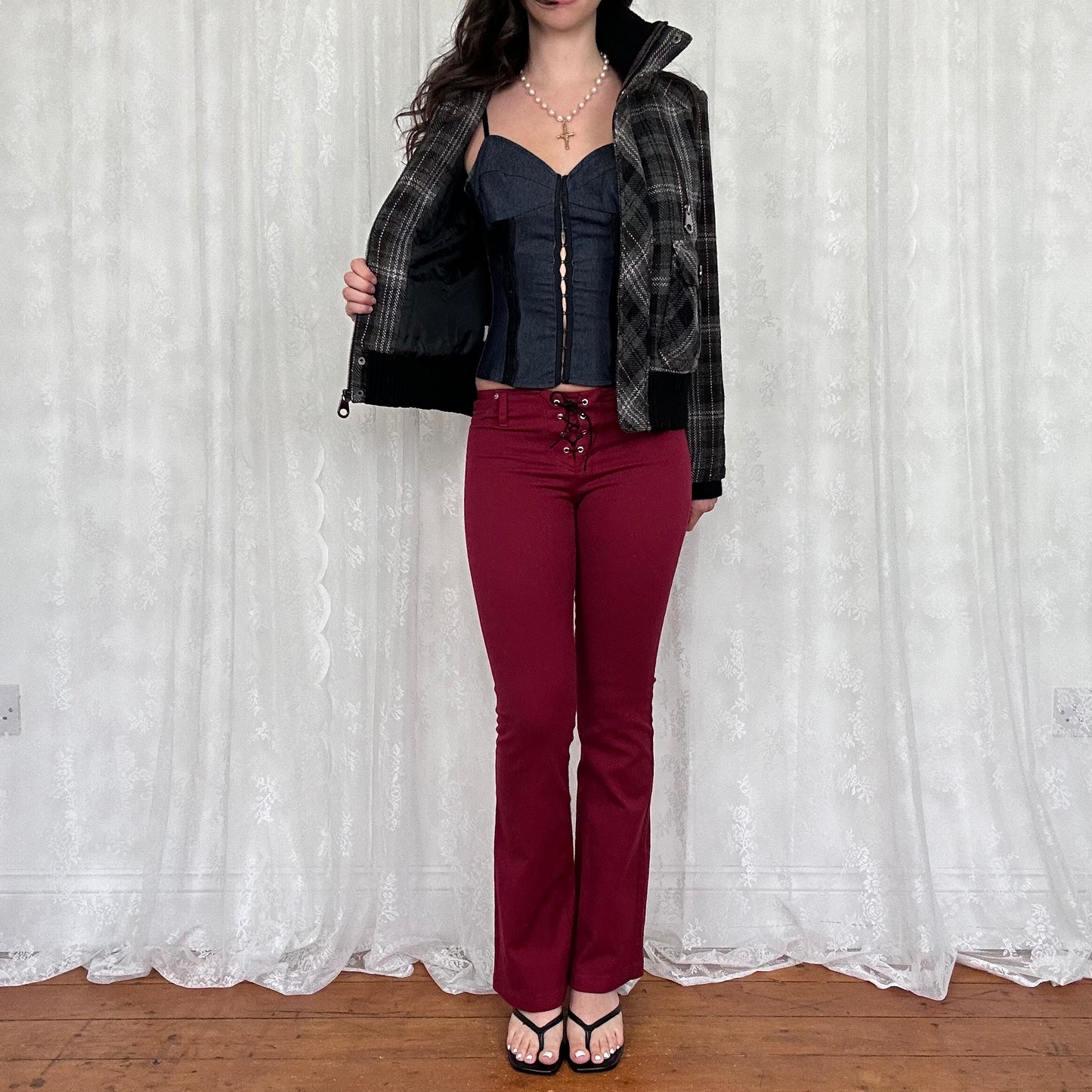 vintage 00s grey and black checkered wool bomber jacket