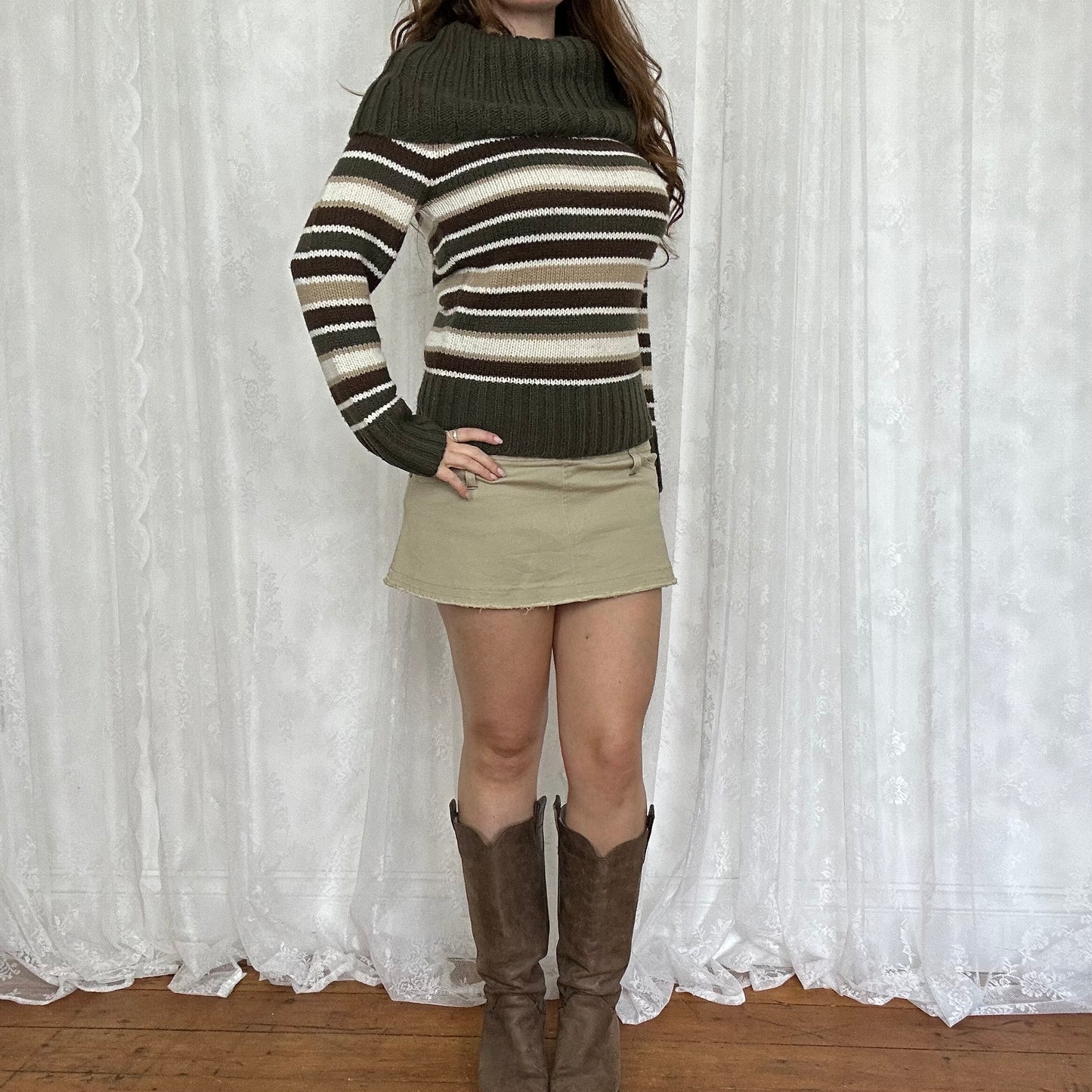 vintage 00s brown and khaki striped knitted jumper
