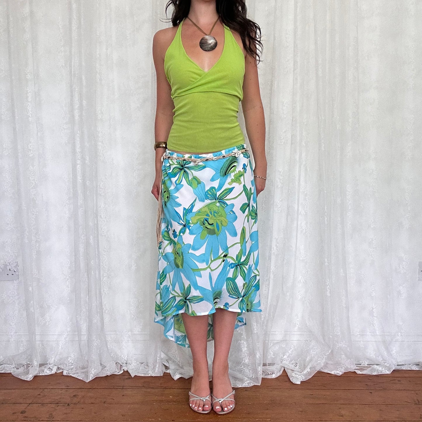 vintage 00s white and blue floral mesh midi skirt