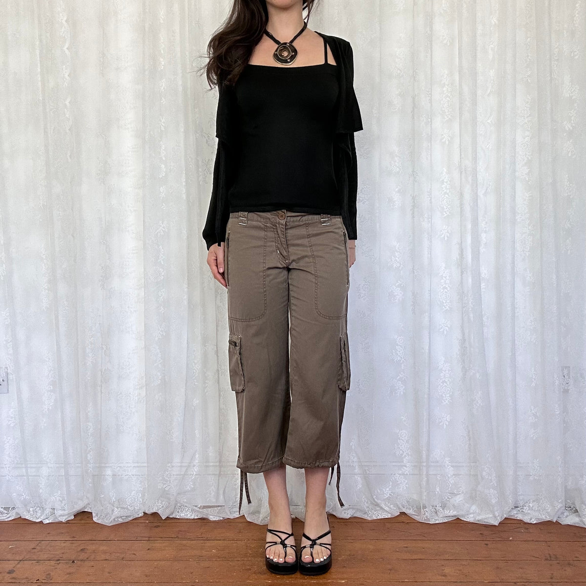 vintage 00s black cami with attached cardigan