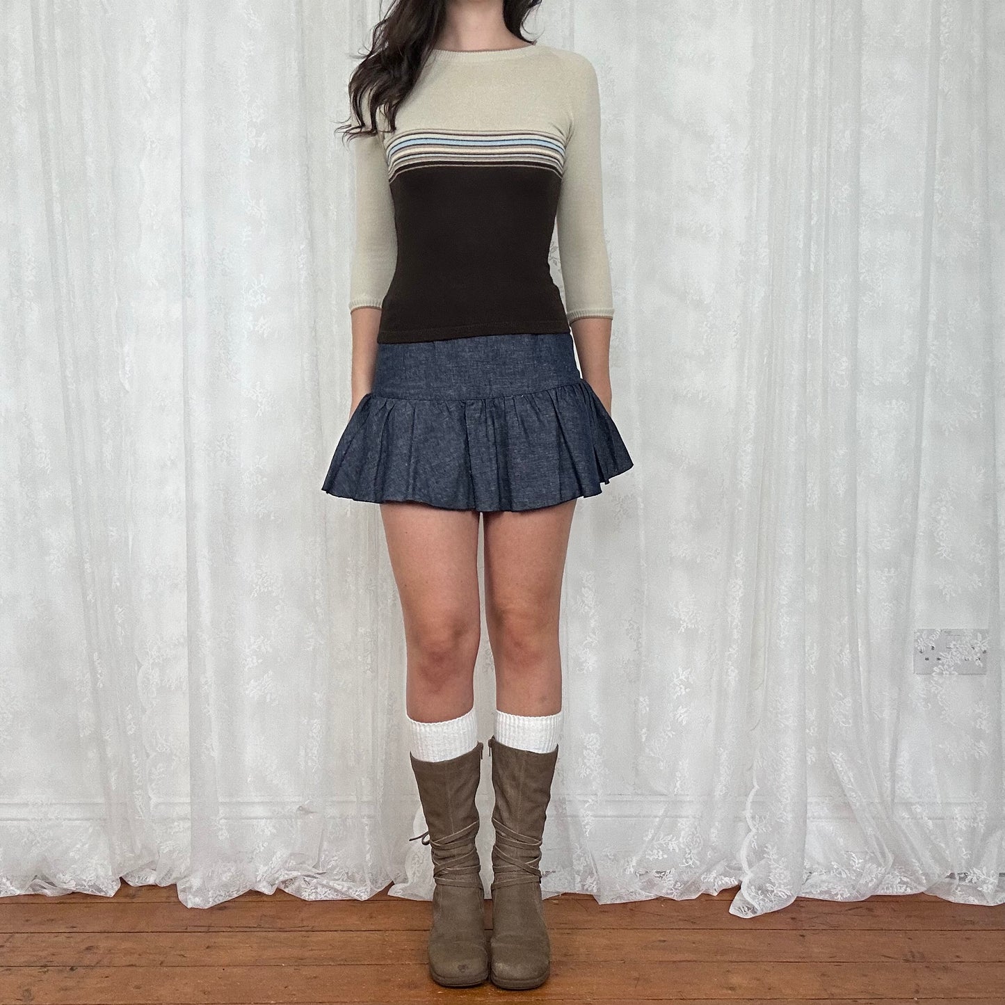 vintage 00s brown and blue crop sleeve knitted top