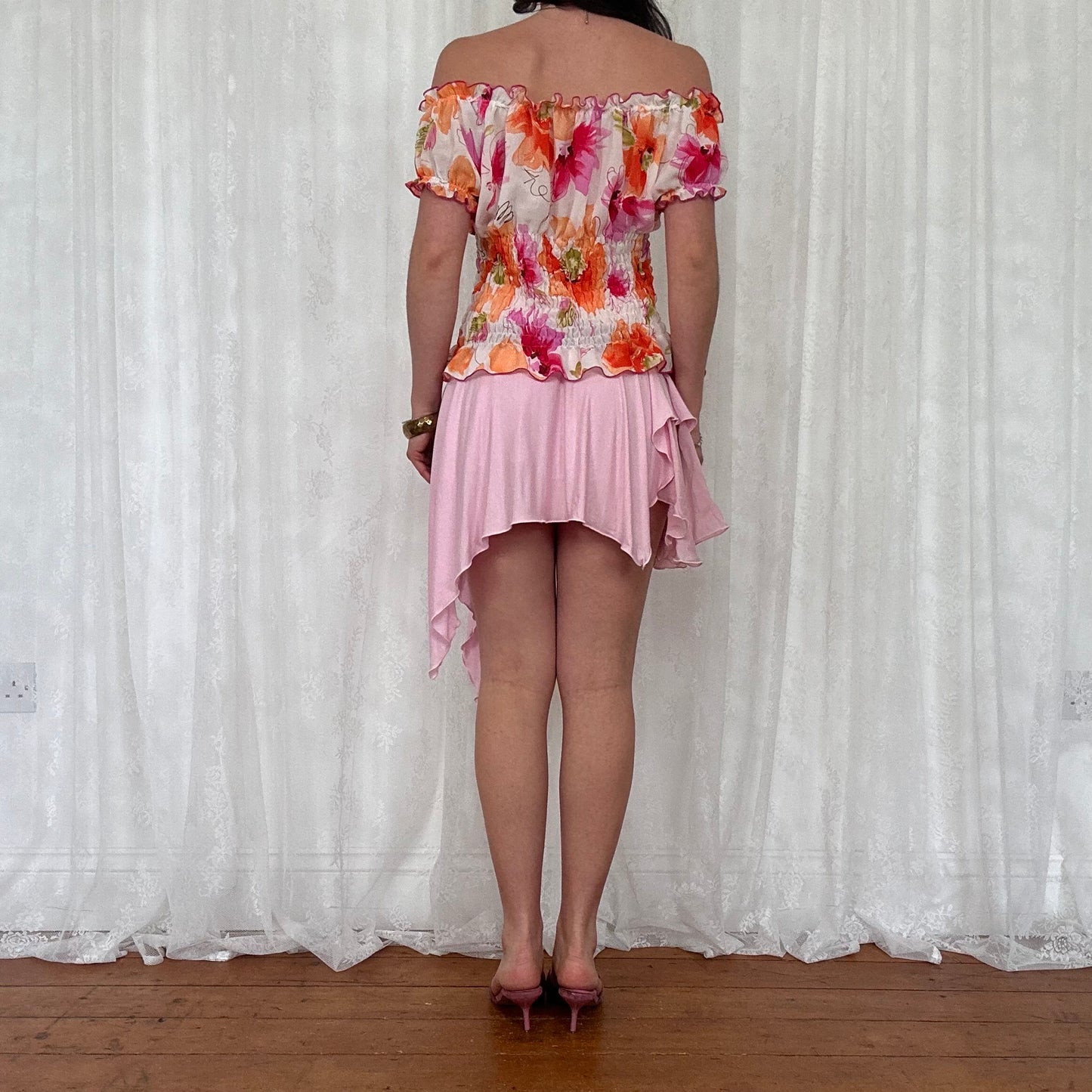 vintage 00s floral shirred milkmaid top