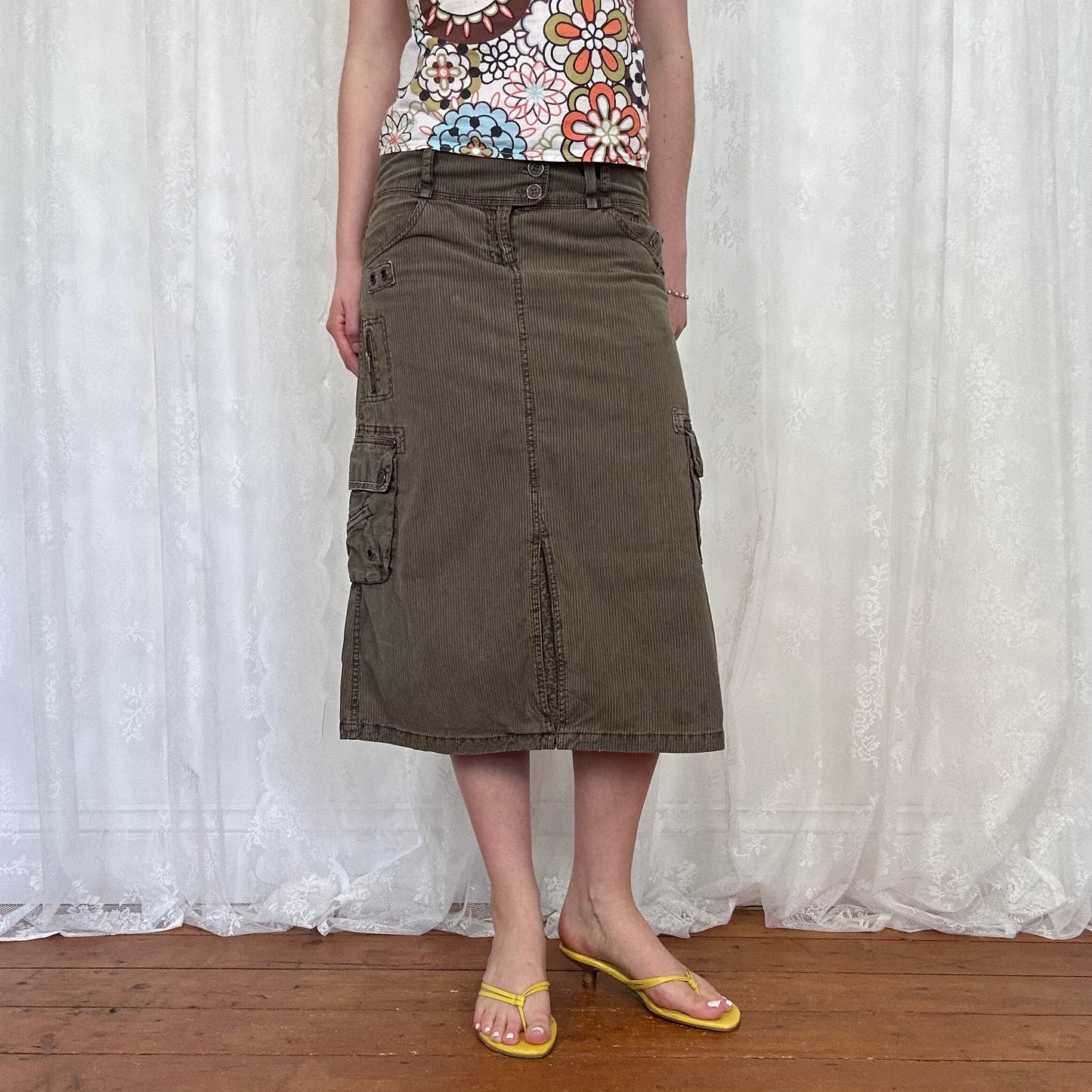 vintage 00s khaki and brown pinstripe cargo midi skirt