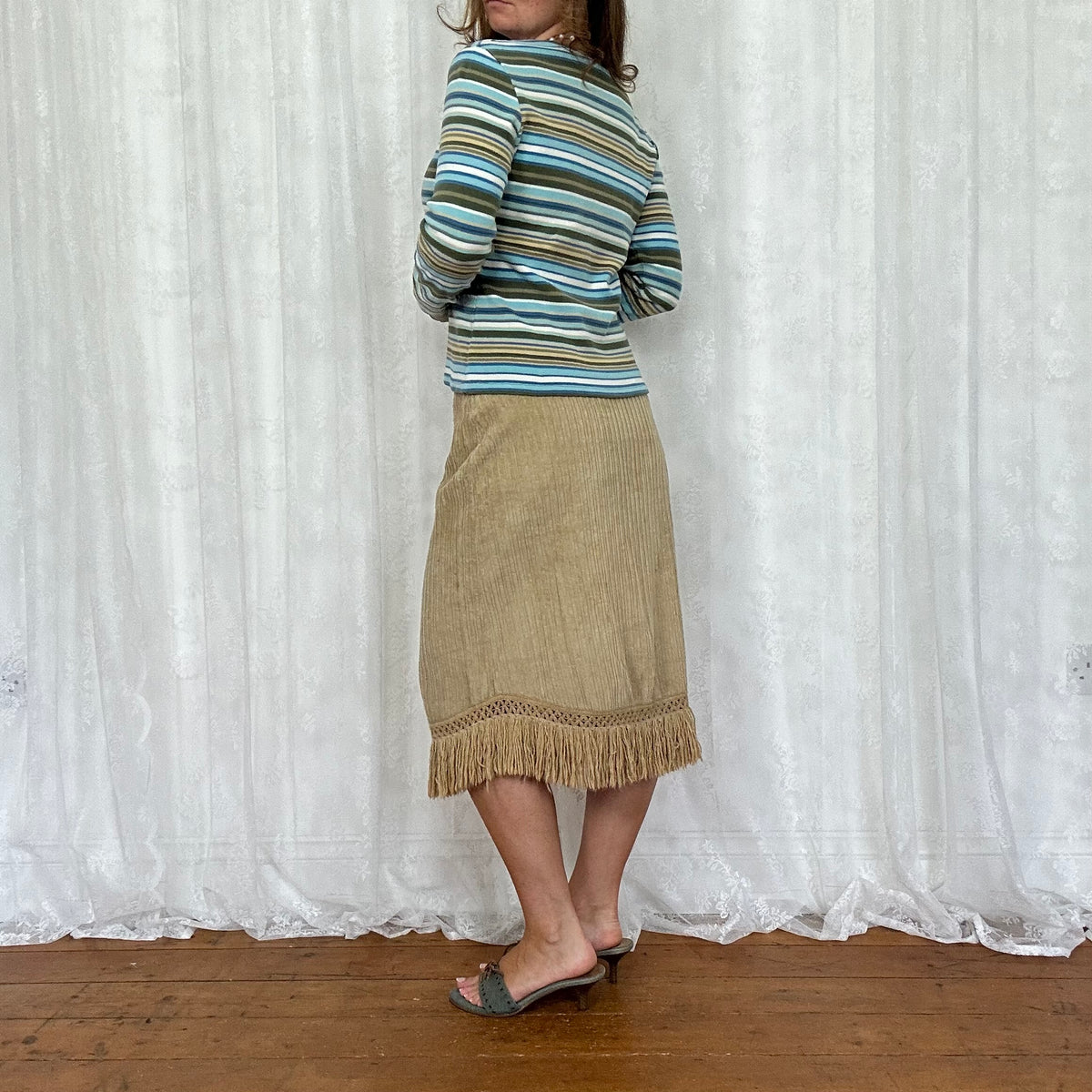 vintage 00s brown and blue striped long sleeve top