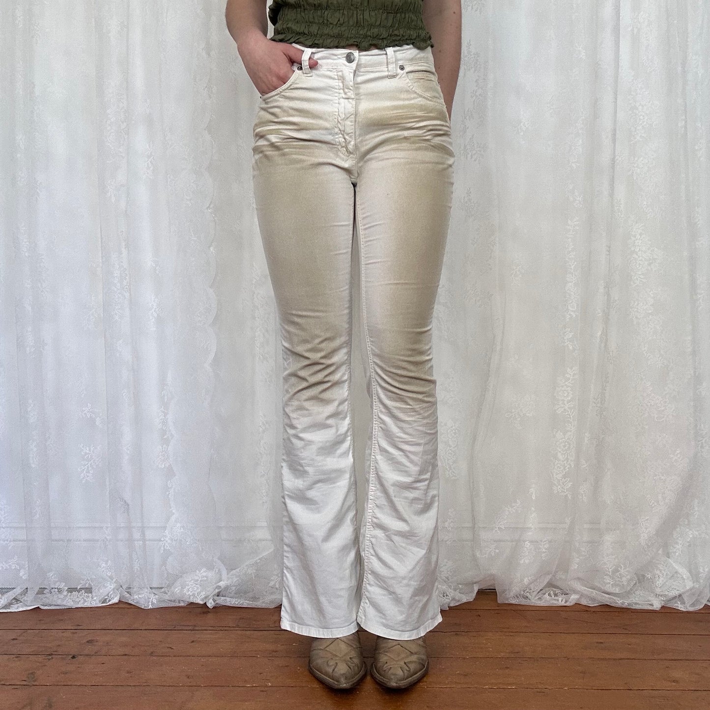vintage 00s white washed-effect flared trousers