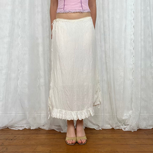 vintage 00s cream tie up maxi skirt with broderie trim