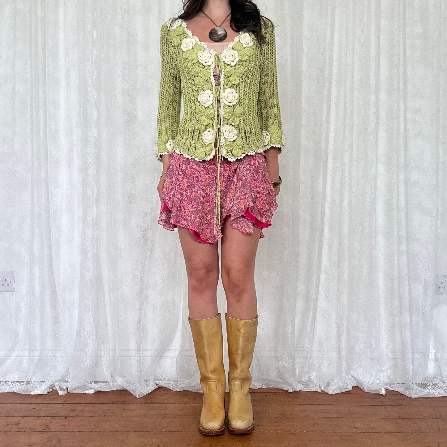 vintage 00s green floral crochet knitted cardigan