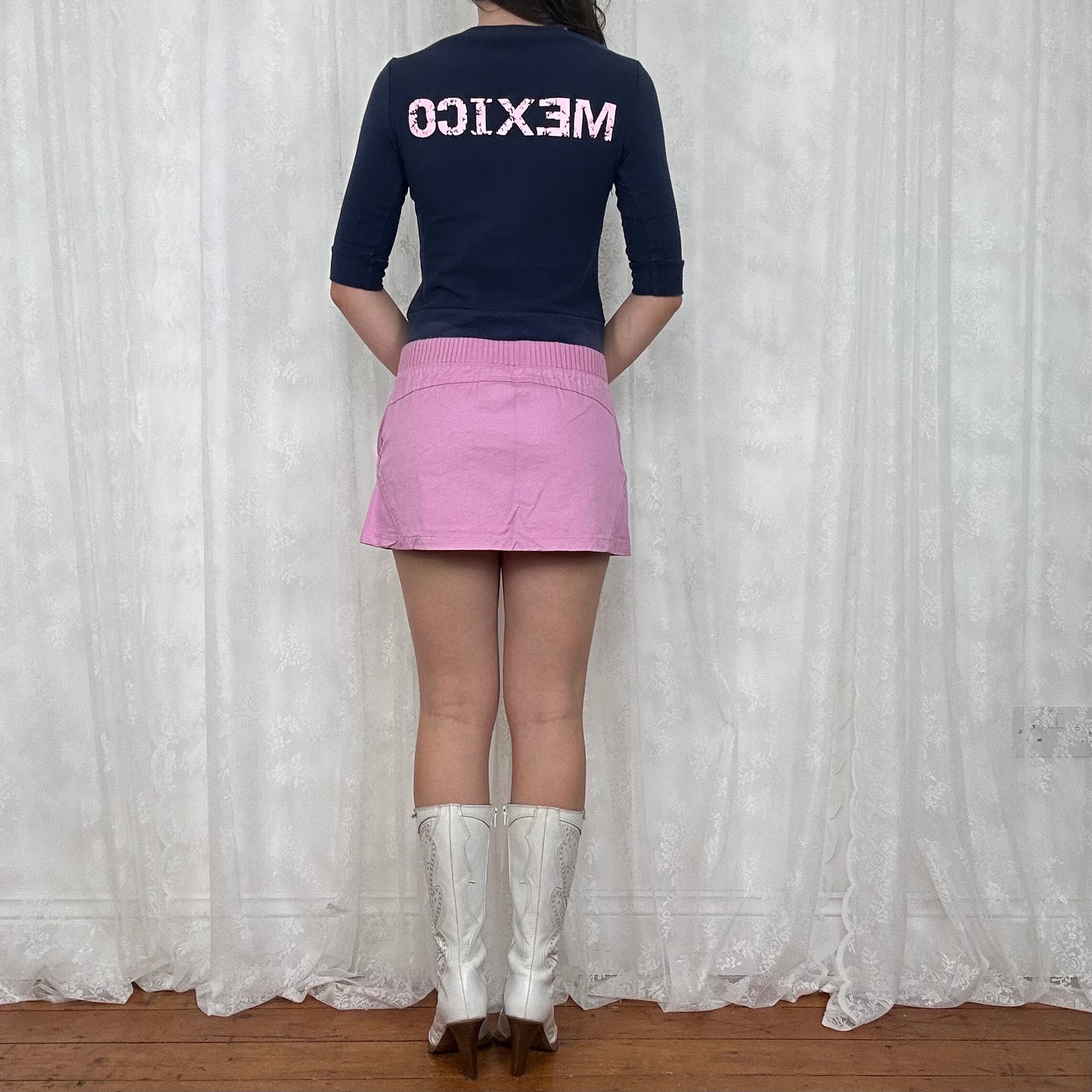 vintage 00s navy and pink crop sleeve sporty top