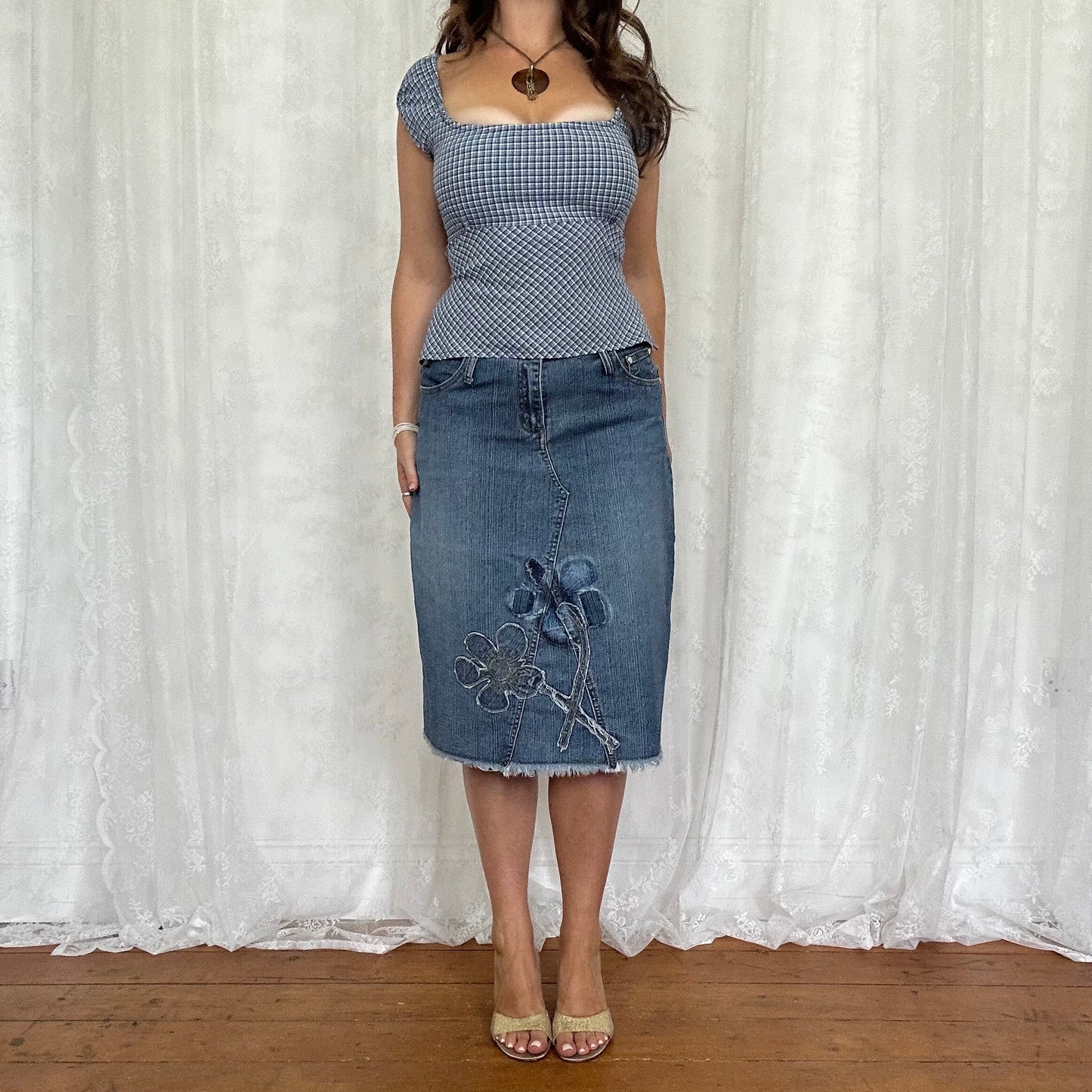vintage 00s pimkie blue checkered tie back milkmaid top