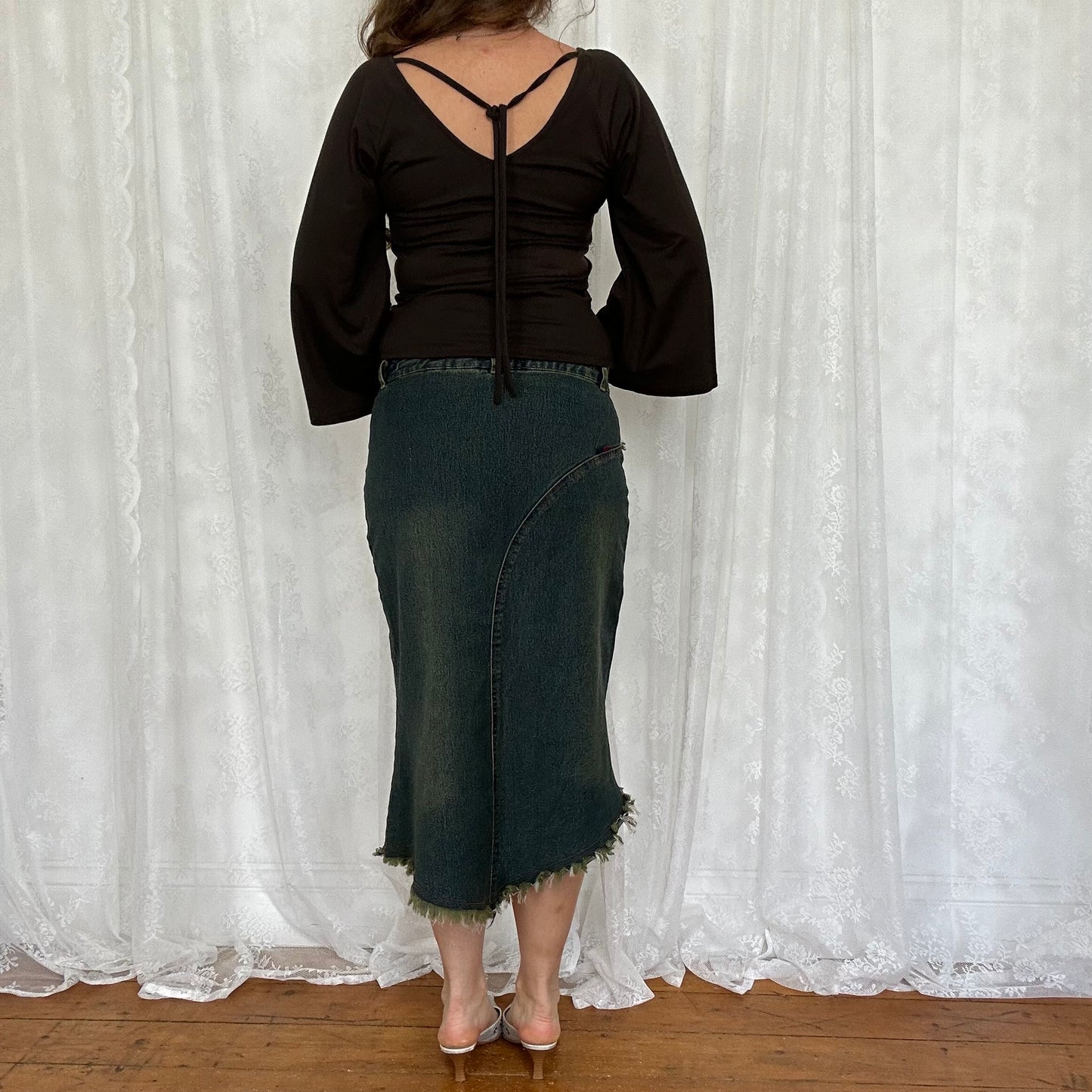 vintage 00s green and blue bleached denim midi skirt