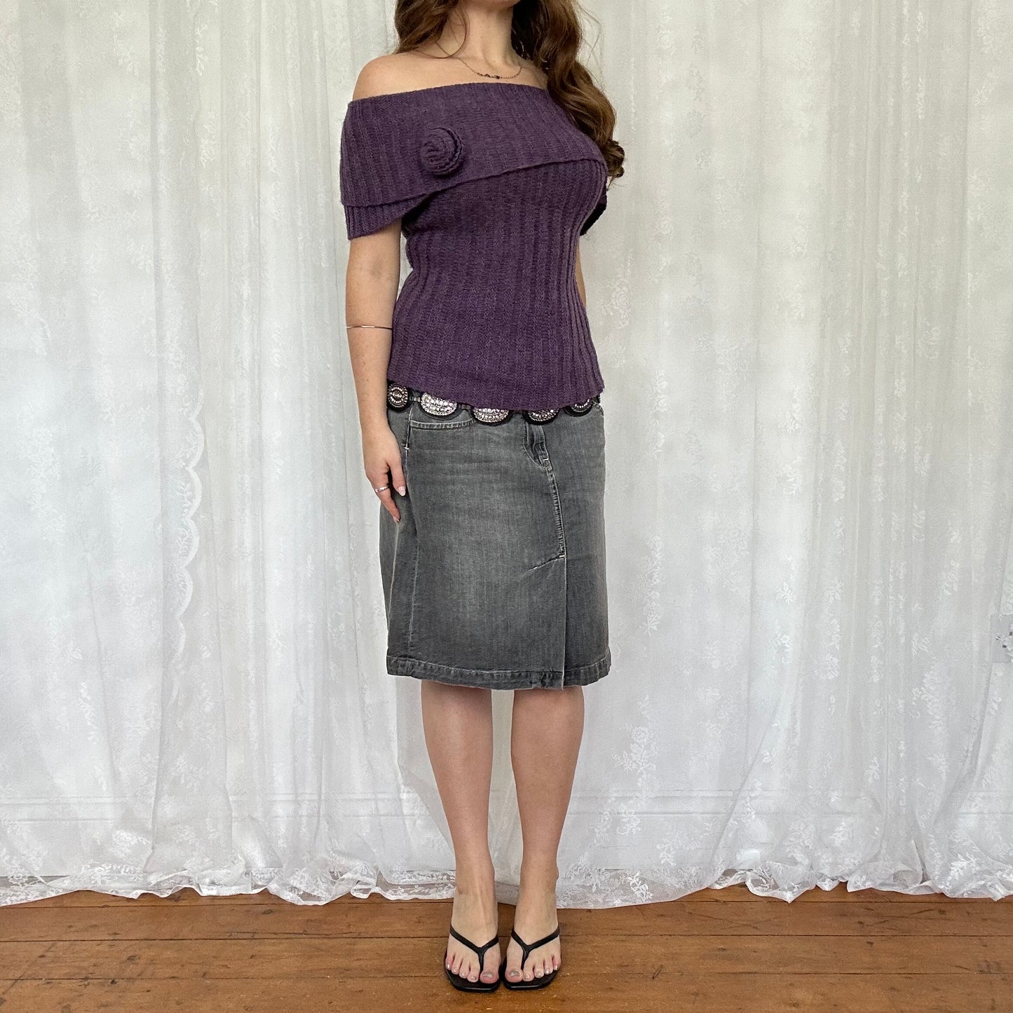 vintage 00s purple off shoulder knit jumper