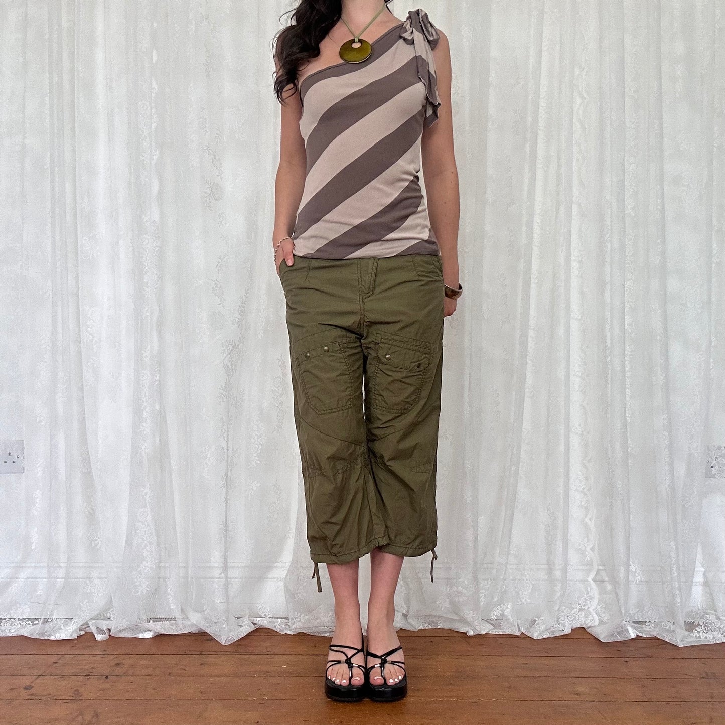 vintage 00s brown striped one shoulder top