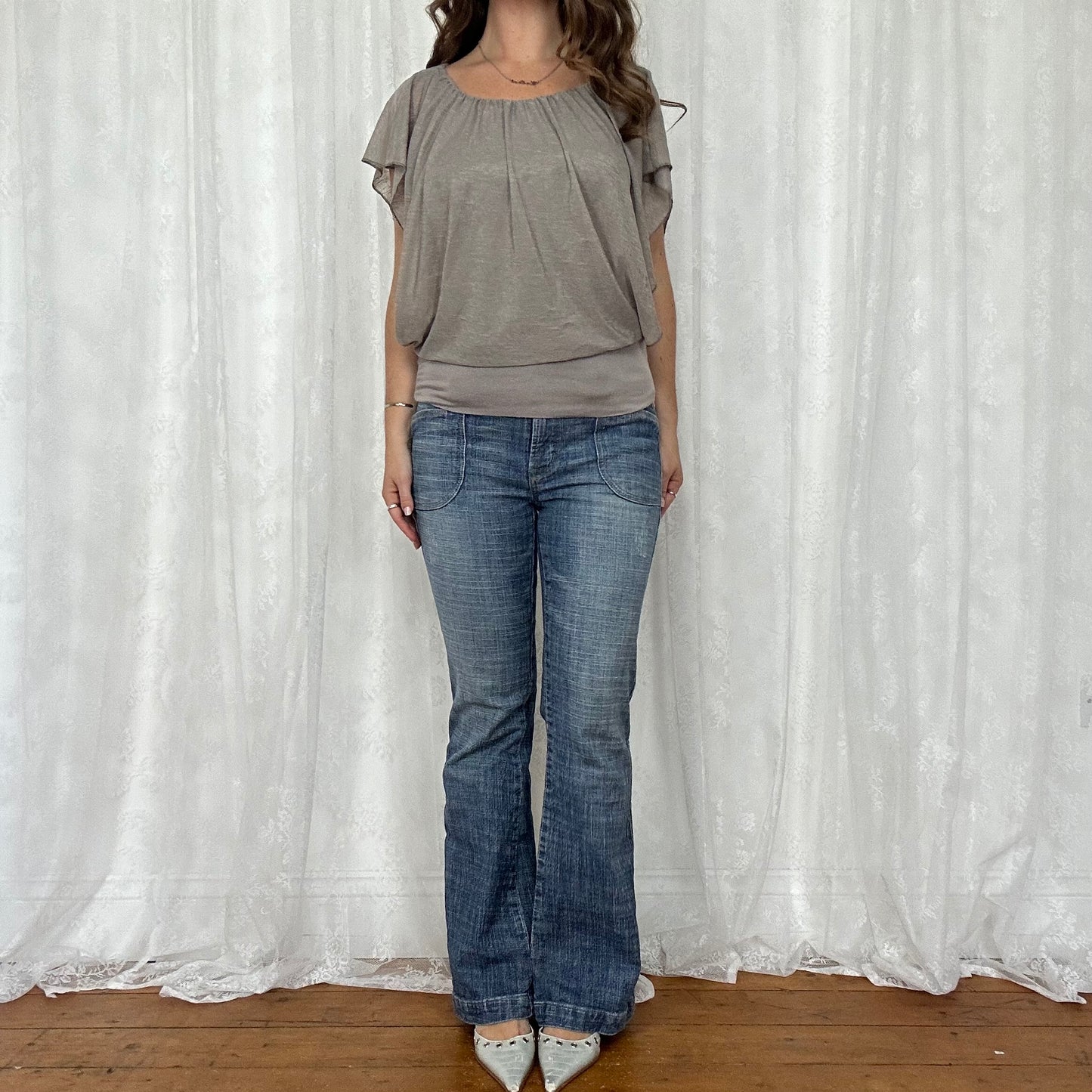 vintage 00s grey bat wing cinched waist top