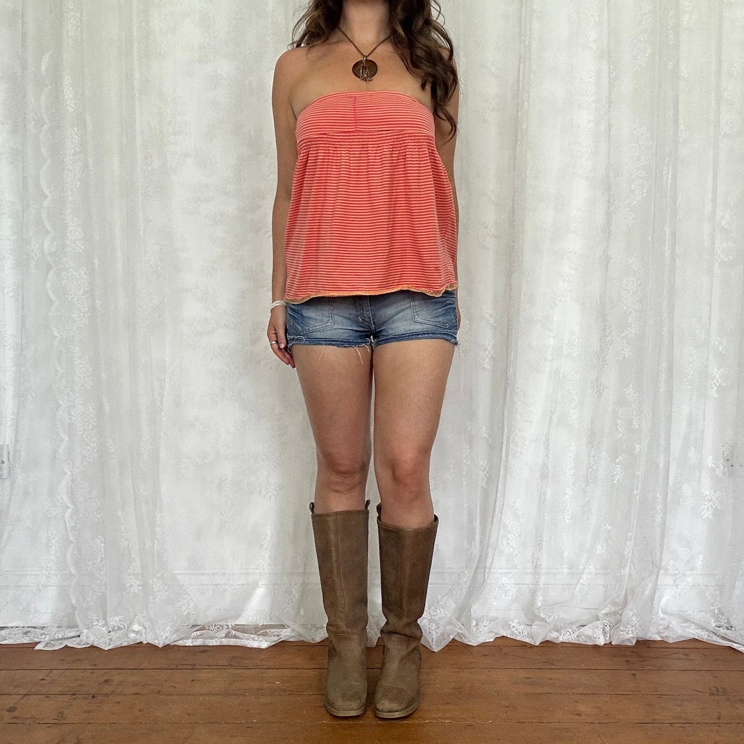 vintage 00s pink and orange stripe strapless top