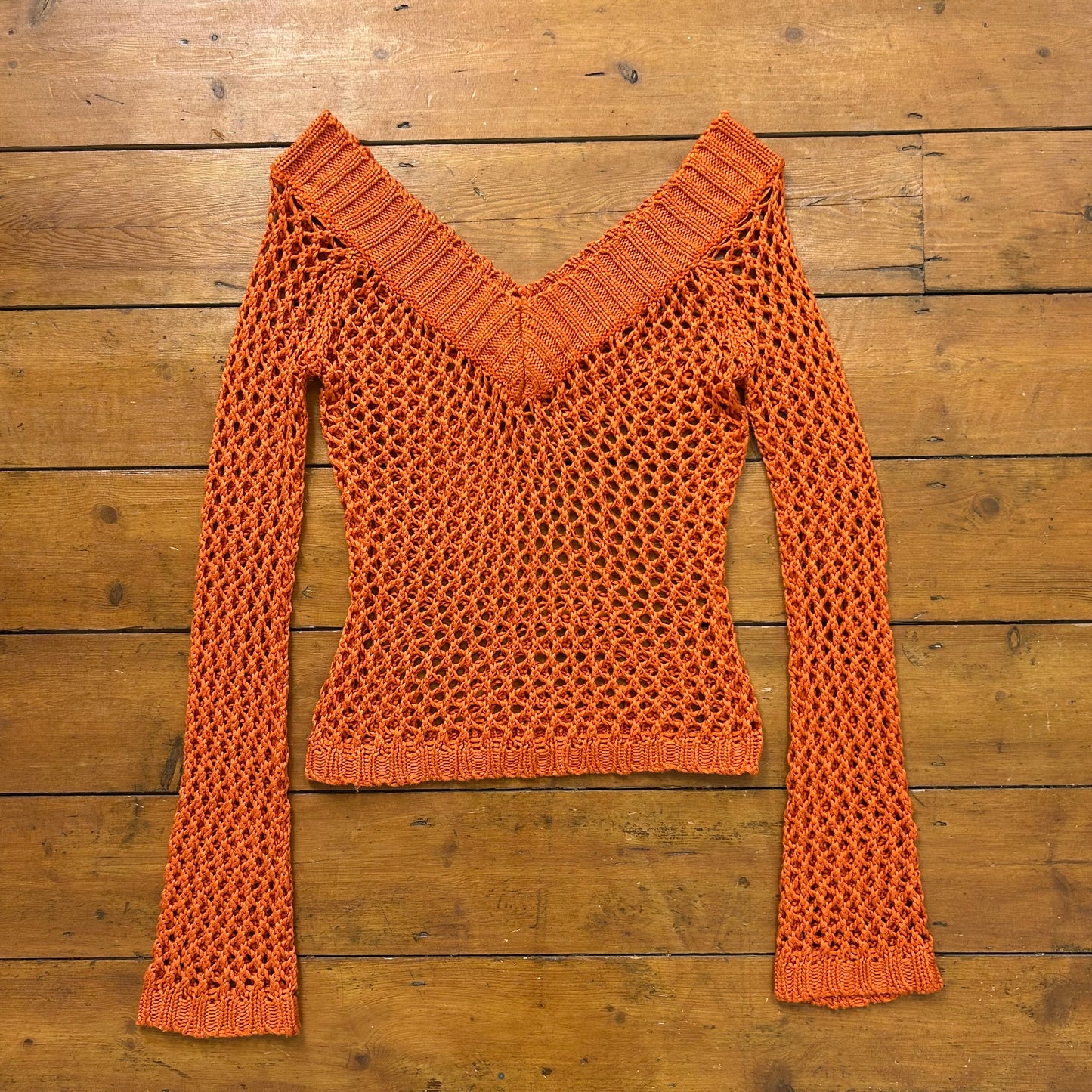 vintage 00s orange crochet v knit jumper