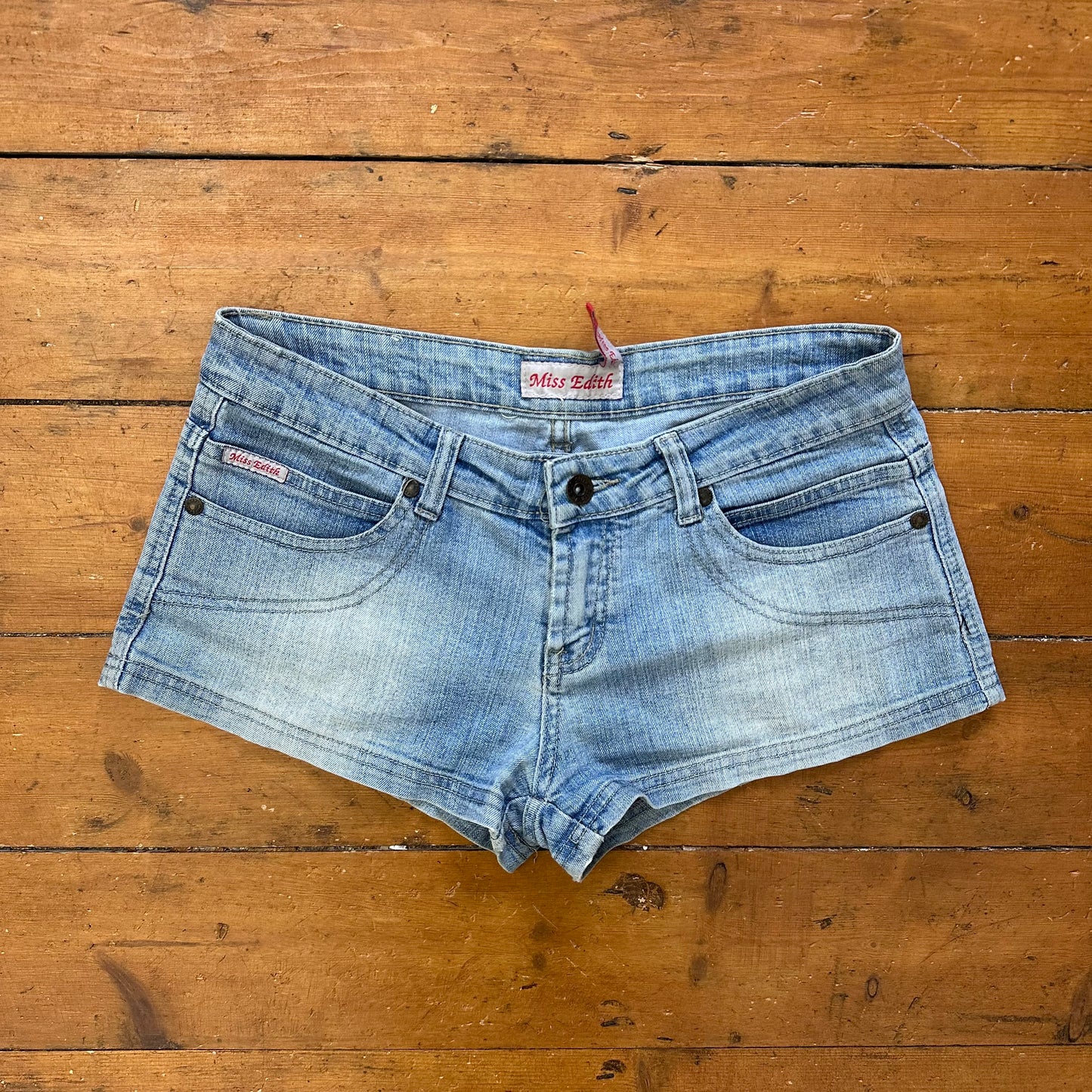 vintage 00s denim micro mini shorts with pink back pocket embroidery