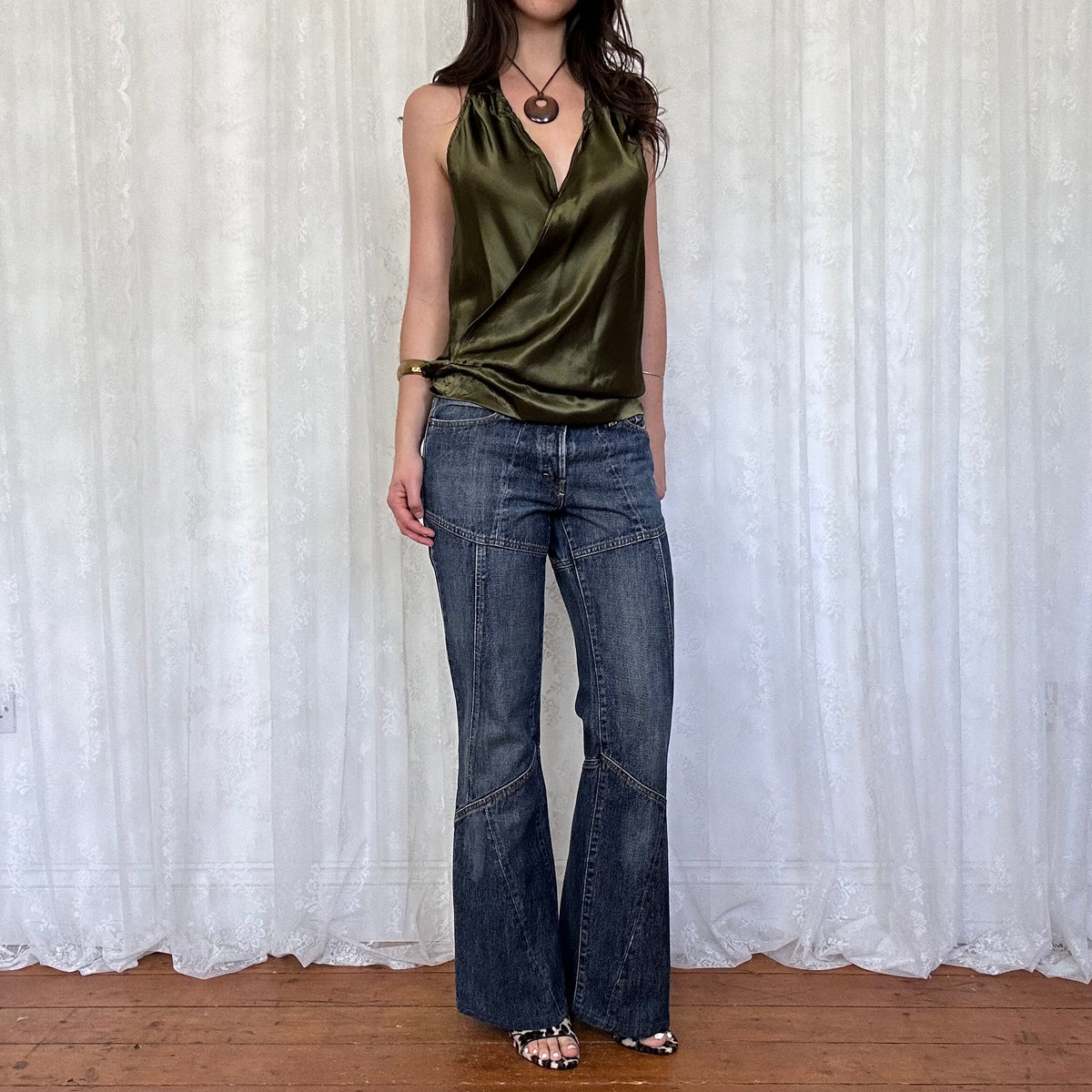 vintage 00s olive green satin halter top