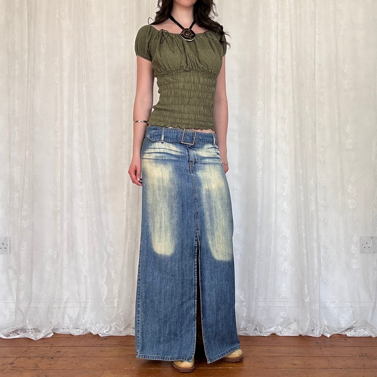 vintage 00s khaki shirred milkmaid top