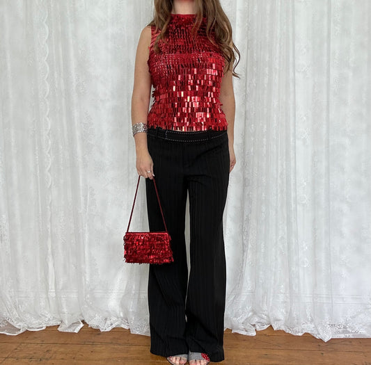 vintage 00s red sequin crochet top