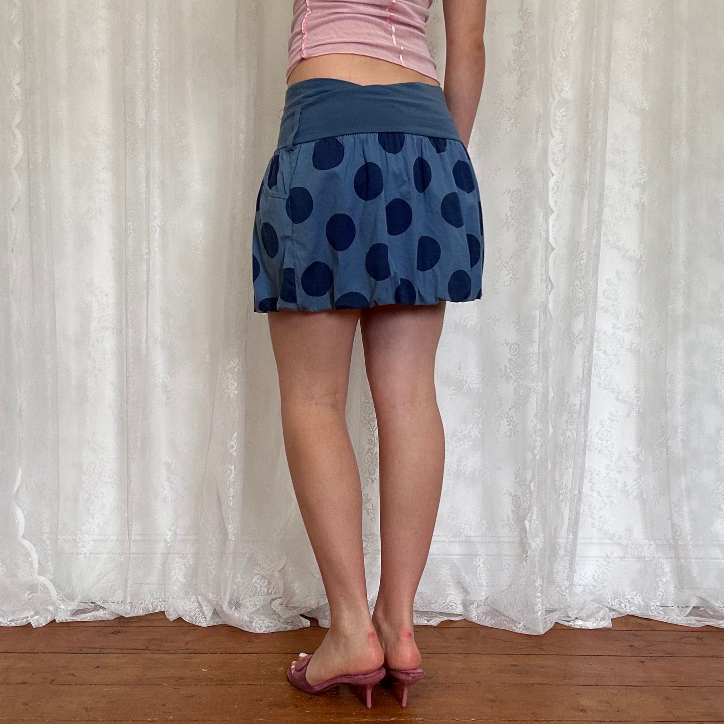 vintage 00s blue polka dot puffball skirt