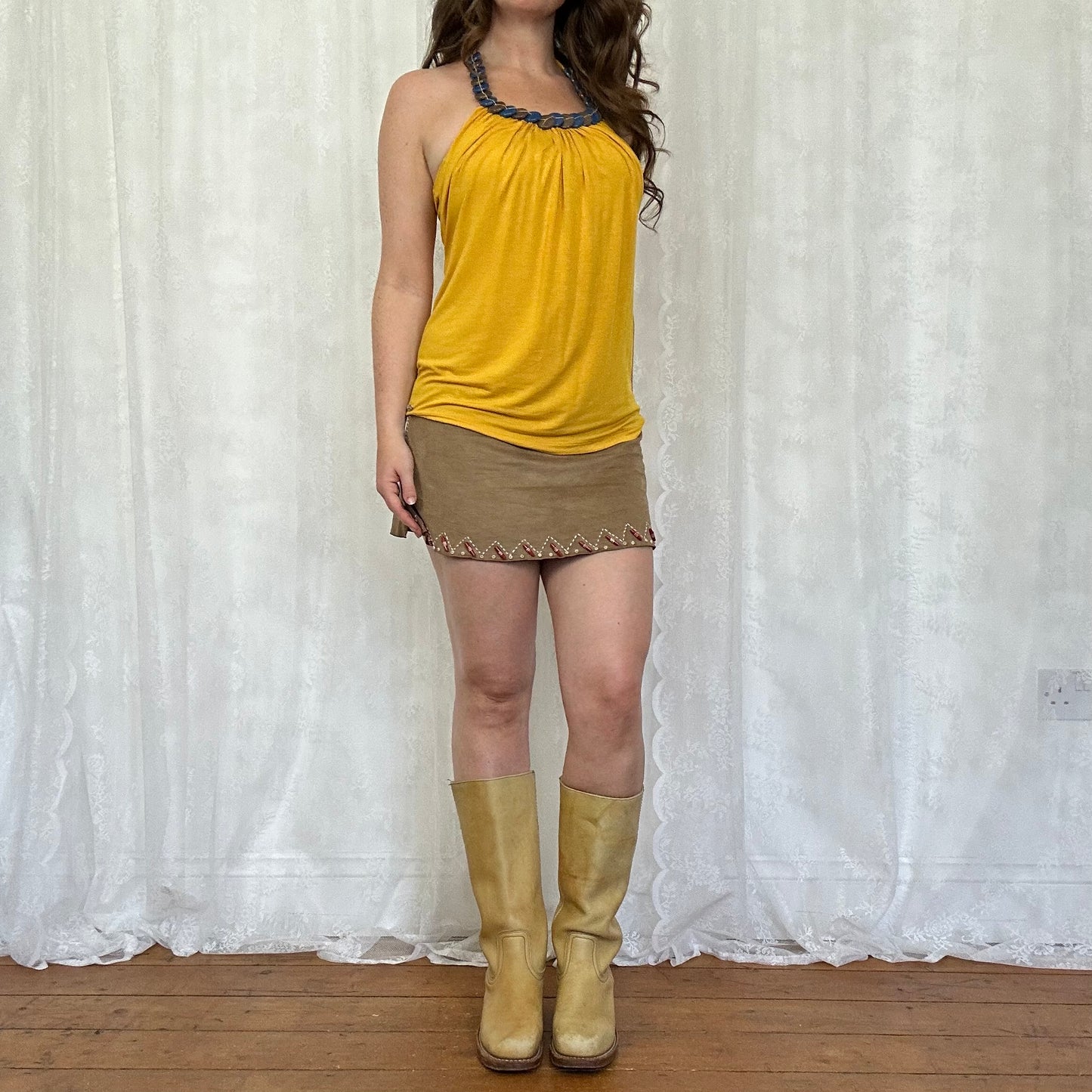 vintage 00s yellow beaded neck halter top