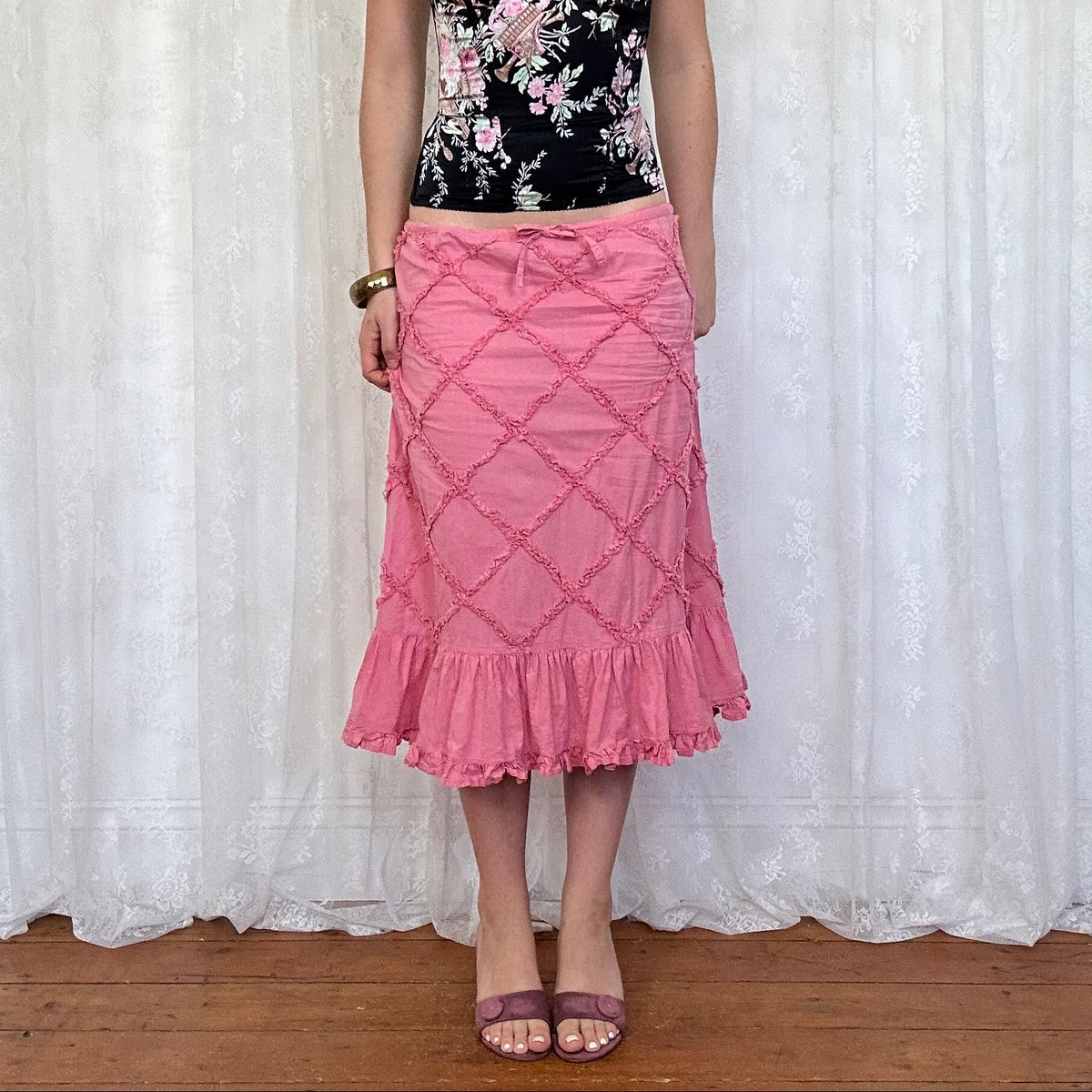 vintage 00s pink linen midi skirt