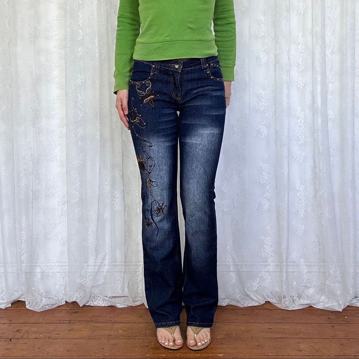 vintage 00s dark wash straight leg jeans with studs and embroidery