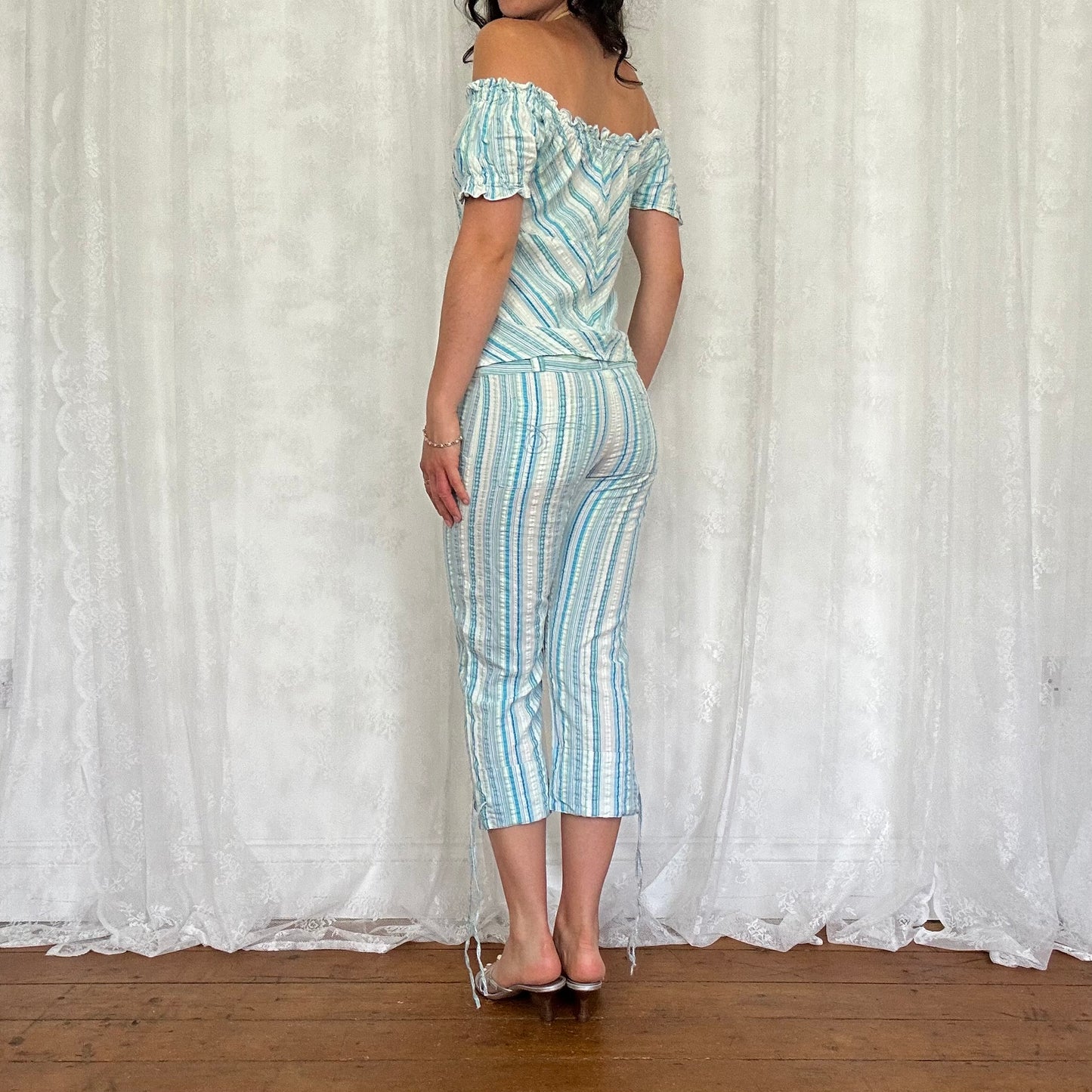 vintage 00s blue pinstripe capri and top co ord