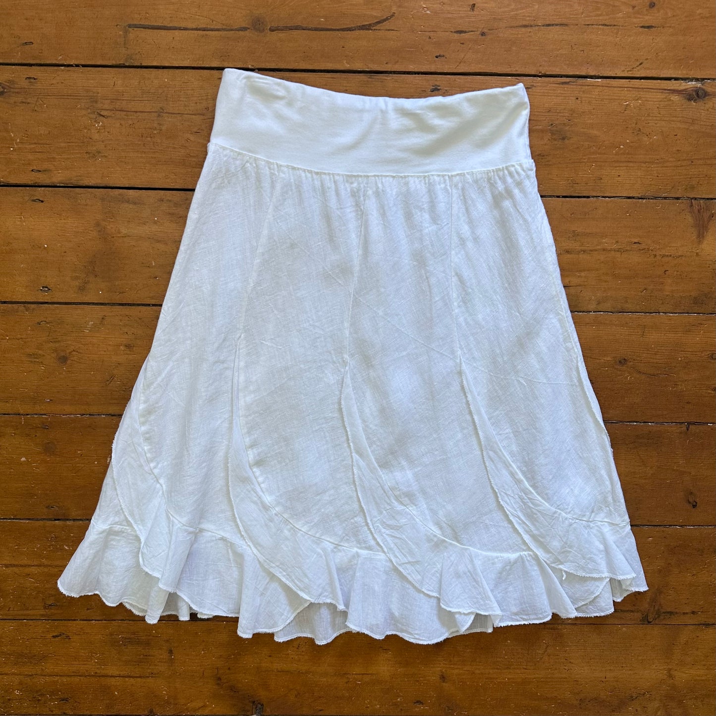 vintage 00s white linen ruffle hem midi skirt