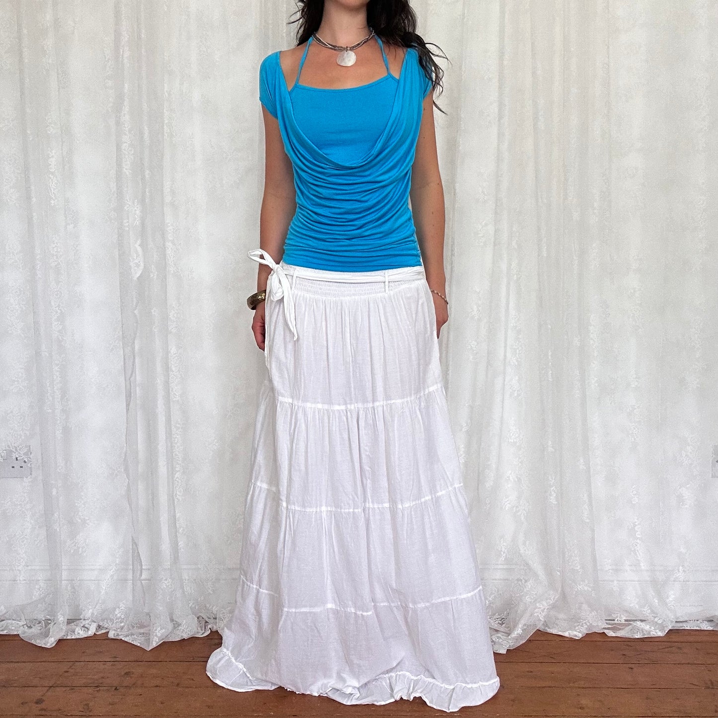vintage 00s white tiered maxi skirt with attached belt