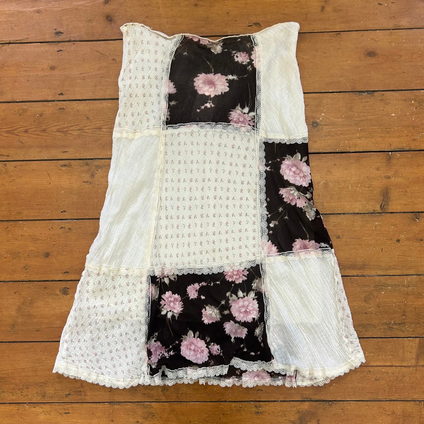 vintage 00s cream brown and pink floral patchwork midi skirt