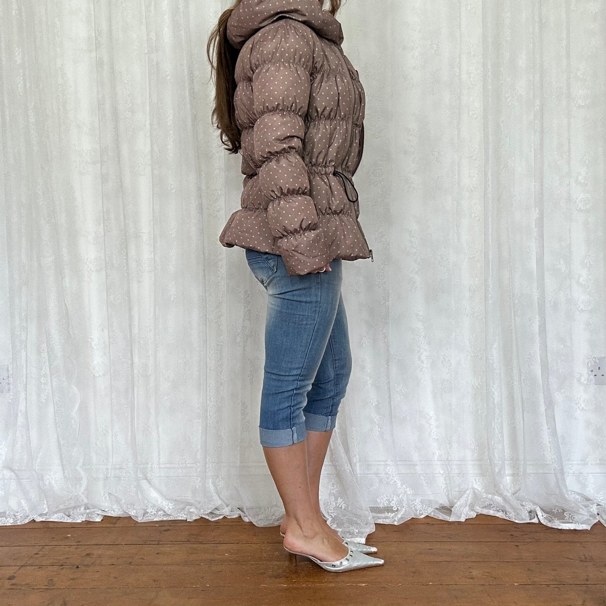 vintage 00s brown and pink polka dot puffer jacket