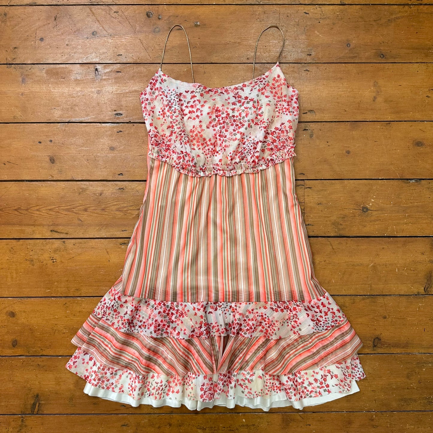 vintage 00s orange striped ruffle mini dress