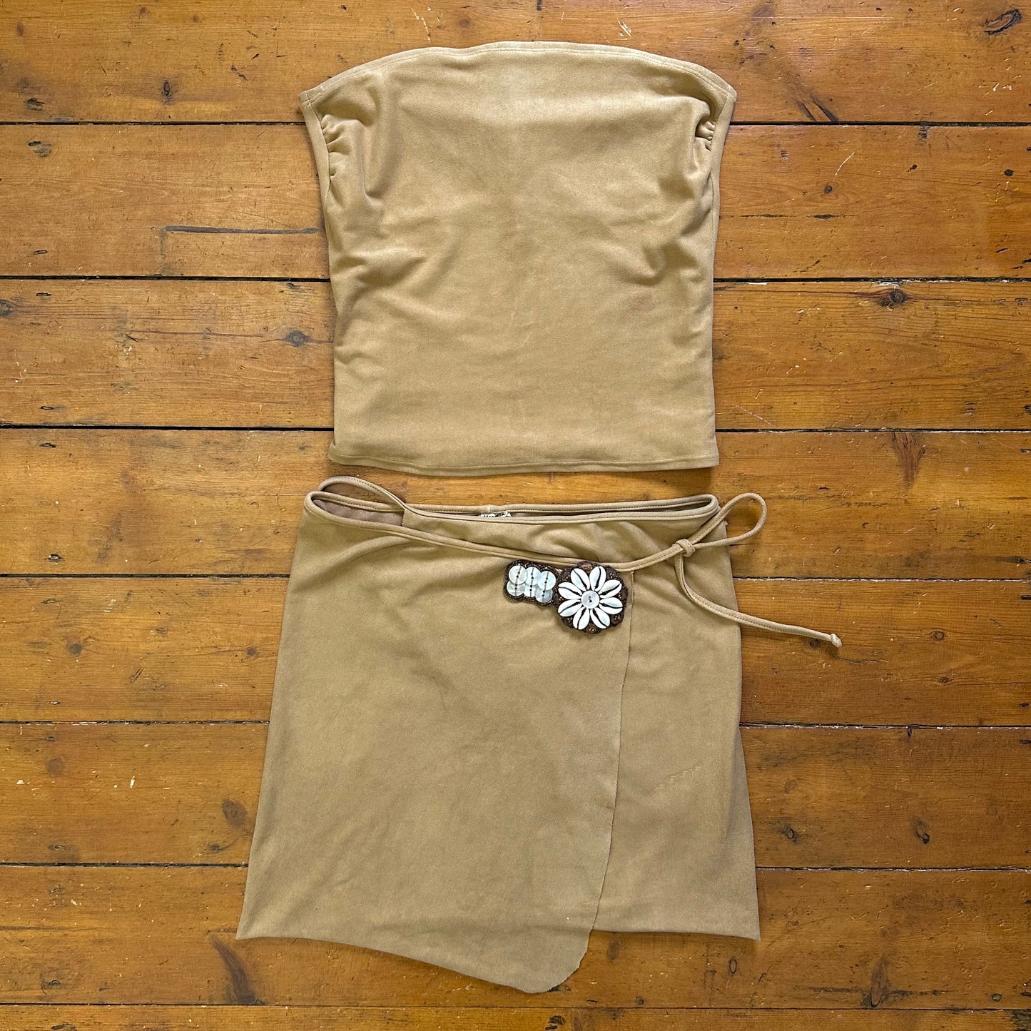 vintage 00s suedette shell detail bandeau top and wrap skirt co ord