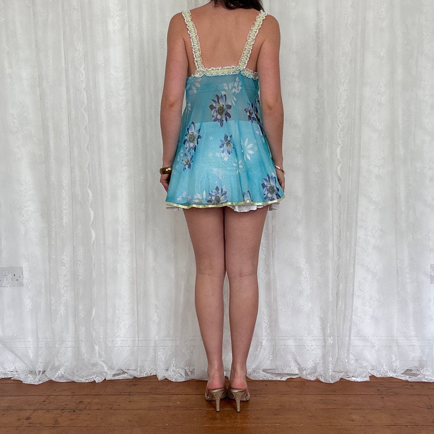 vintage 00s blue floral mesh babydoll mini dress