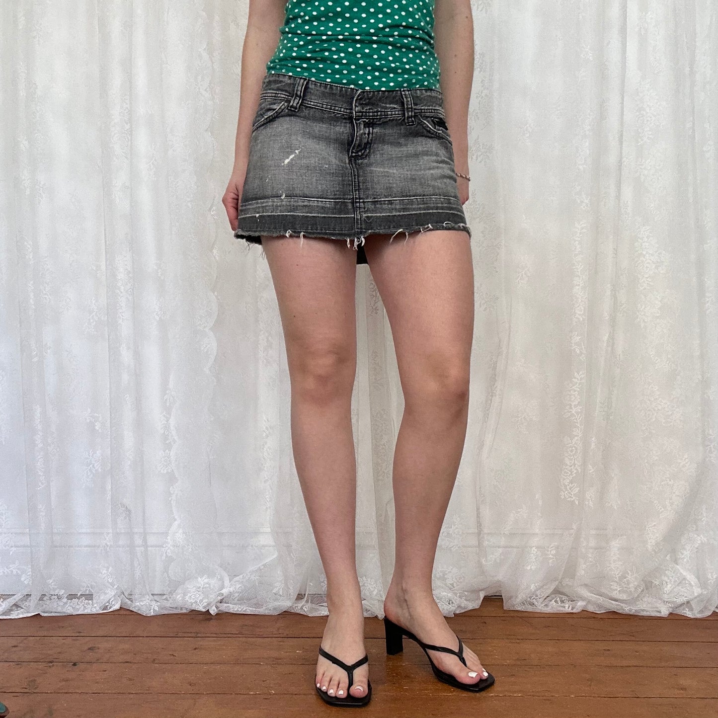 vintage 00s washed grey denim distressed mini skirt