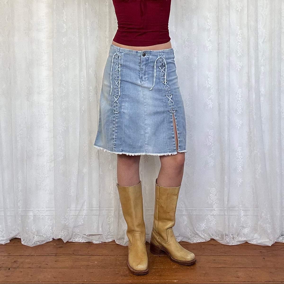 vintage 00s denim lace up midi skirt with slits