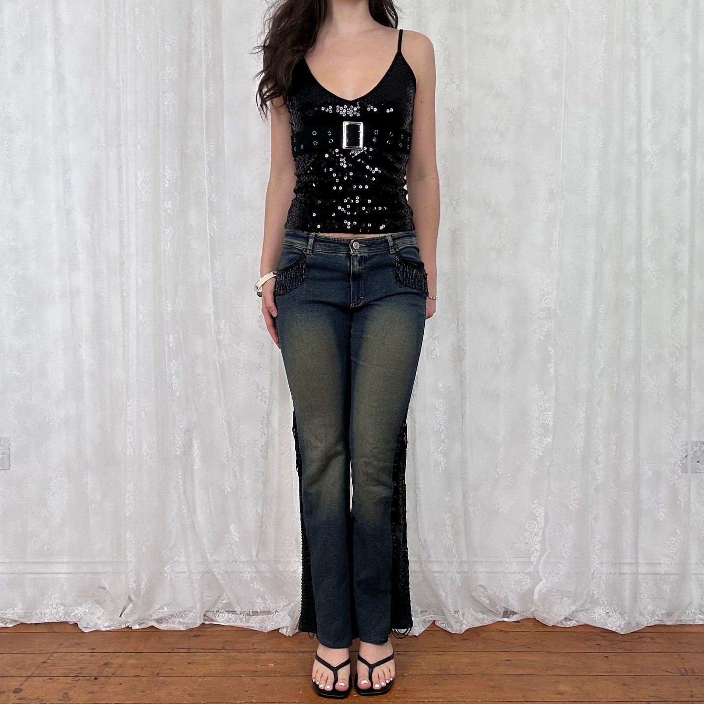 vintage 00s low rise black beaded tassle flared jeans