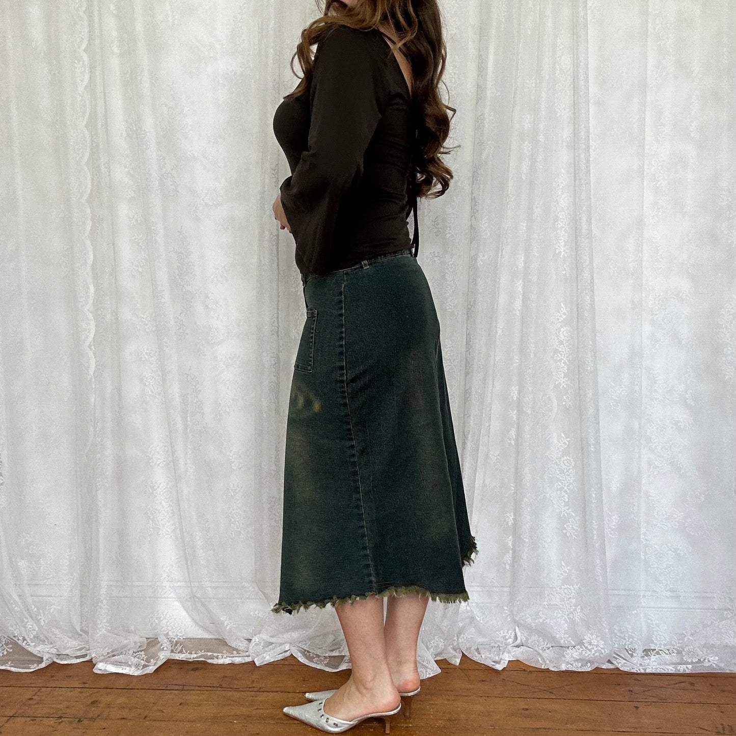 vintage 00s green and blue bleached denim midi skirt