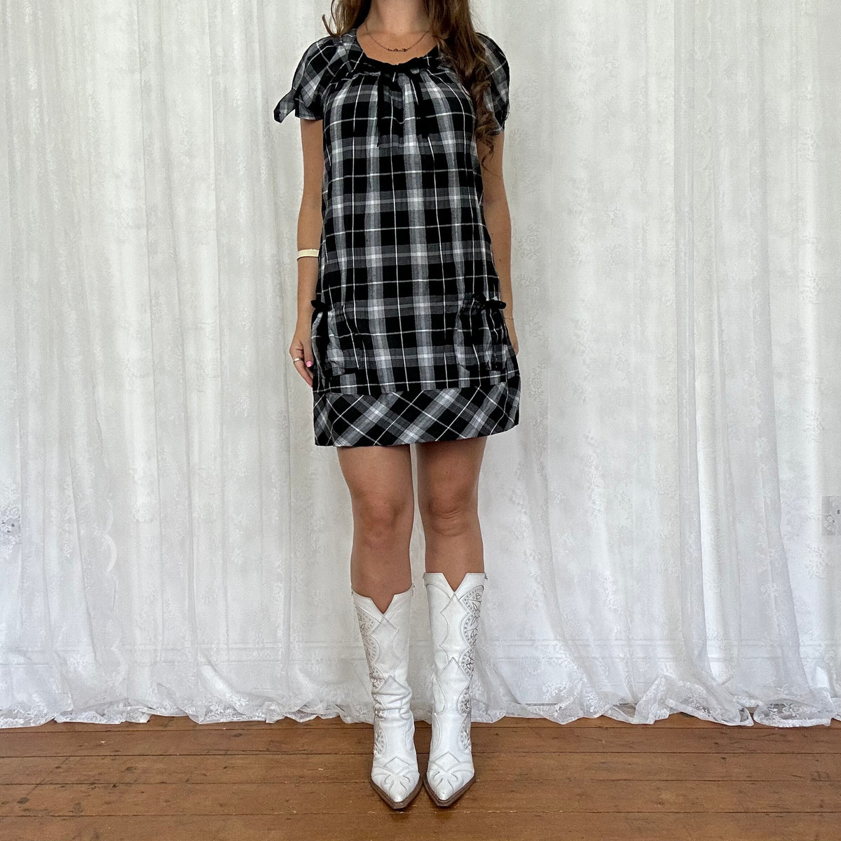 vintage 00s black checkered mini shift dress