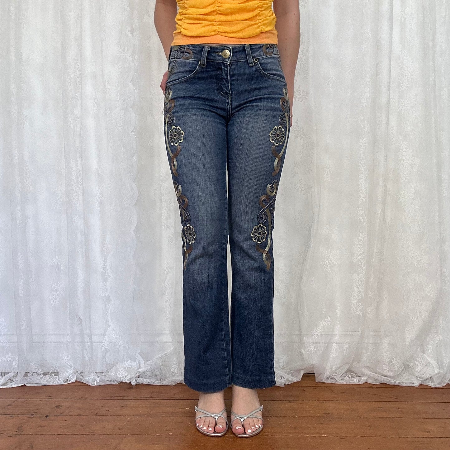 vintage 00s embroidered pattern bootleg jeans