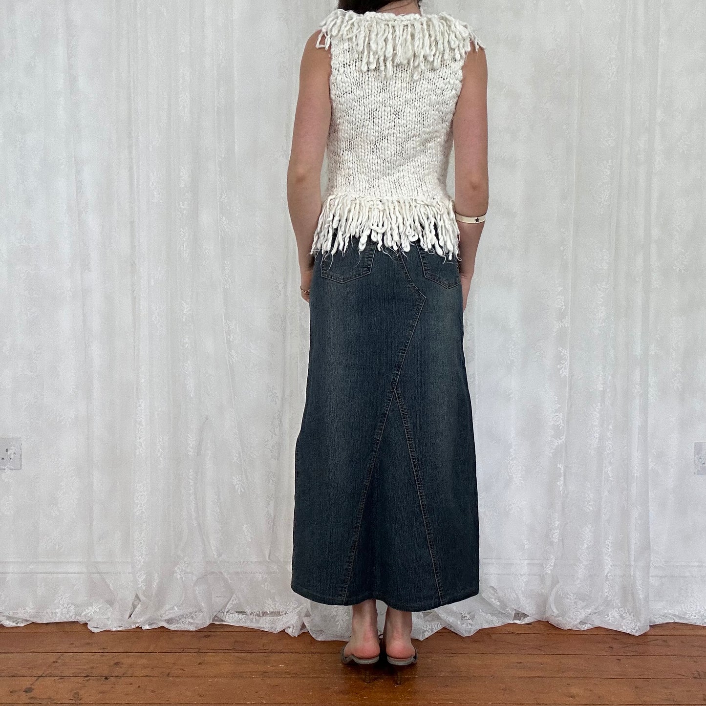vintage 00s white knitted fringe gilet