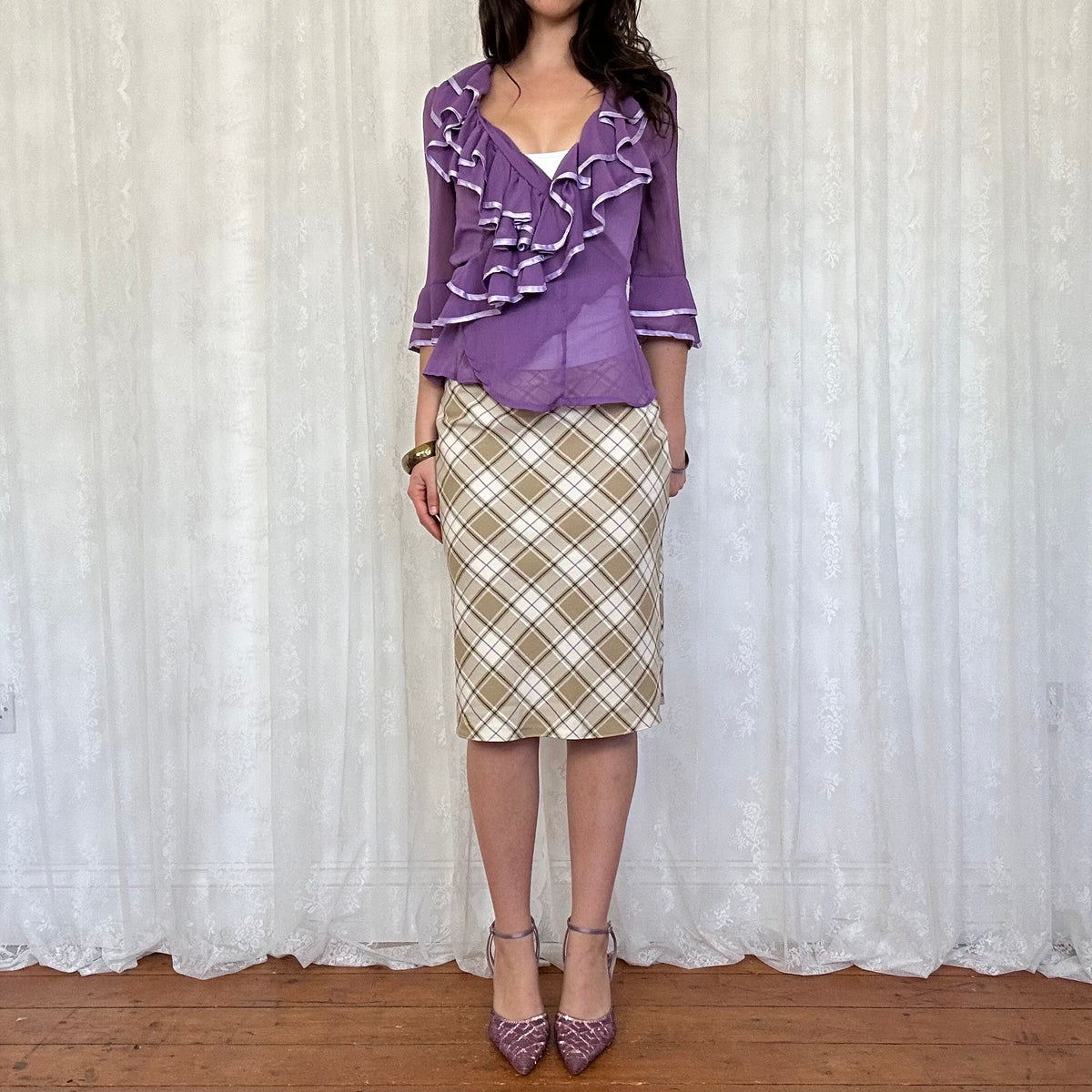vintage 00s purple mesh ruffle wrap shirt