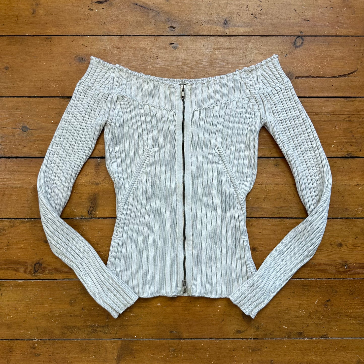 vintage 00s cream knitted off shoulder dual zip jumper