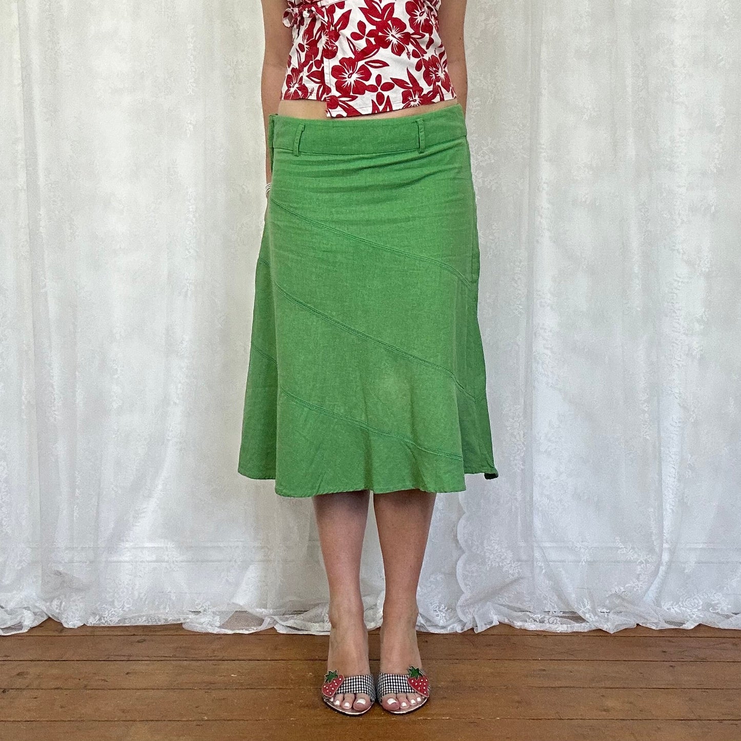 vintage 00s apple green linen midi skirt