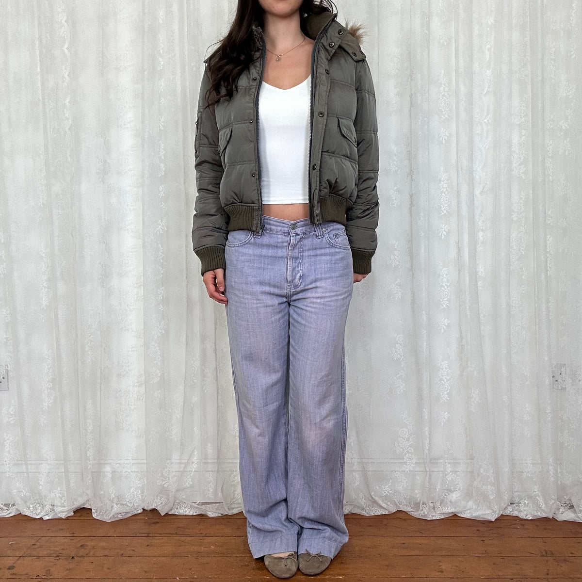 vintage 00s grey / brown hooded bomber with faux fur trim