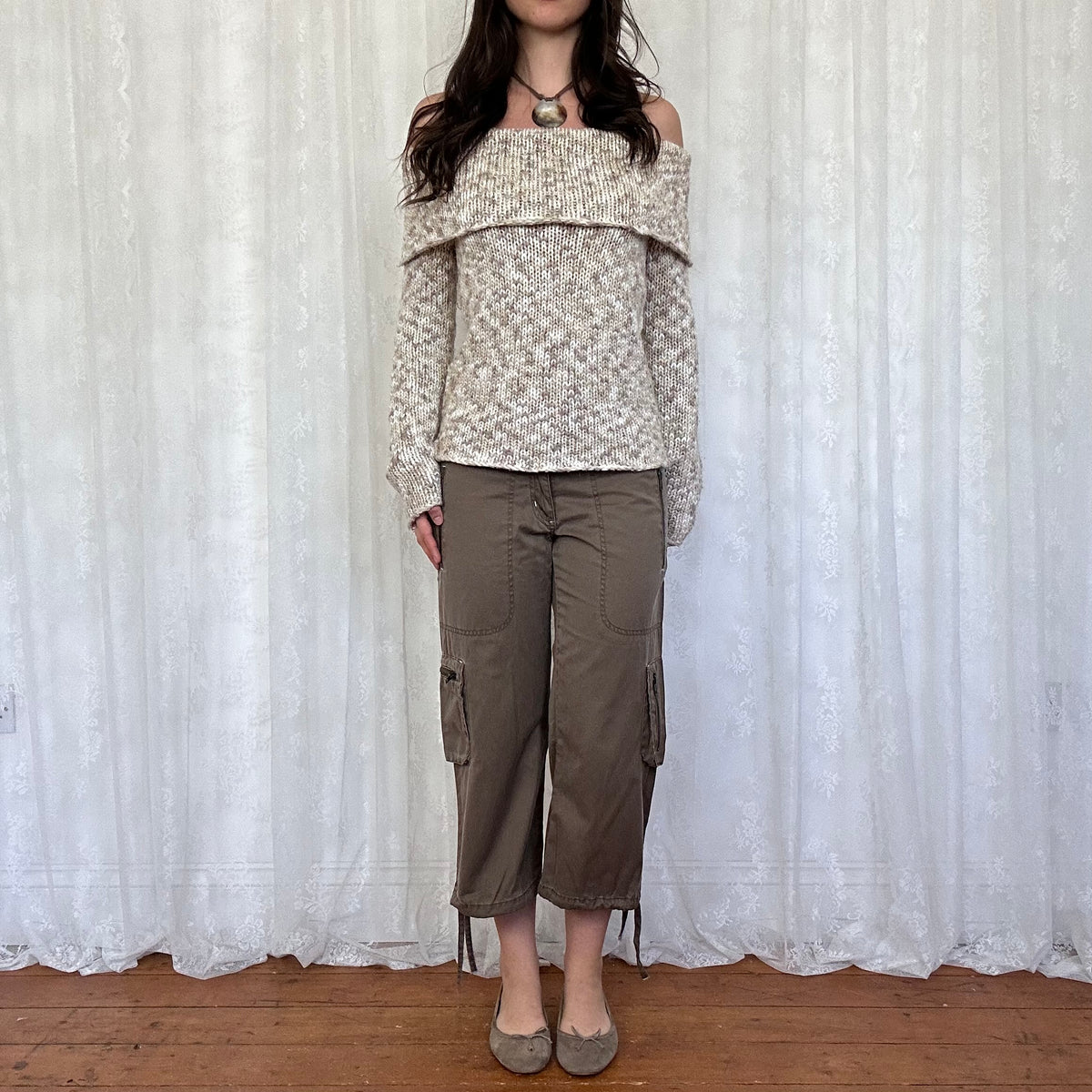 vintage 00s cream and brown off shoulder knitted jumper