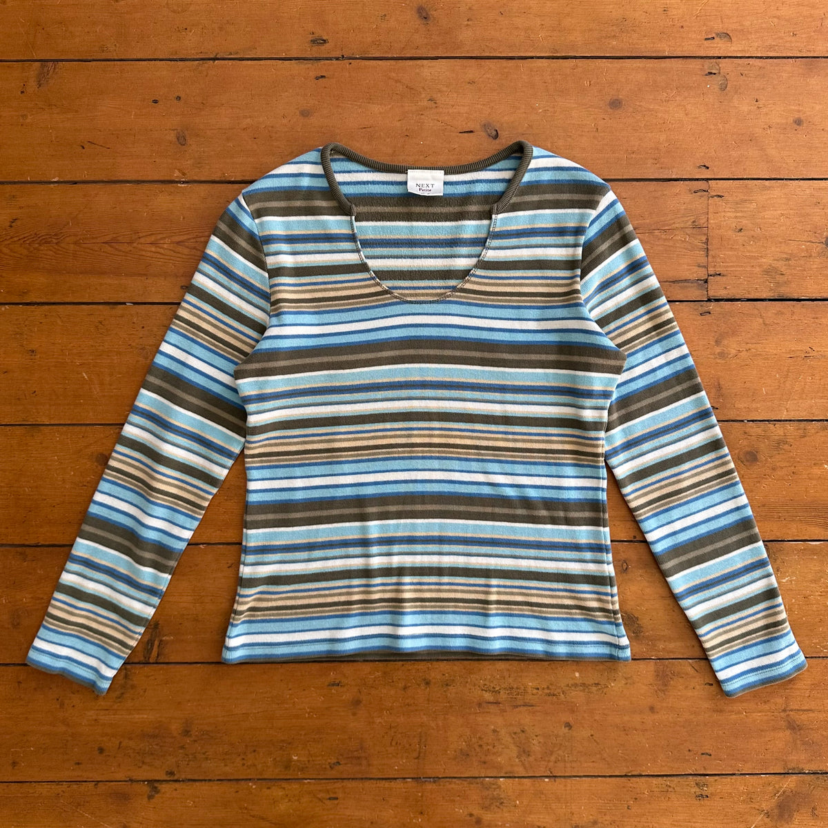 vintage 00s brown and blue striped long sleeve top