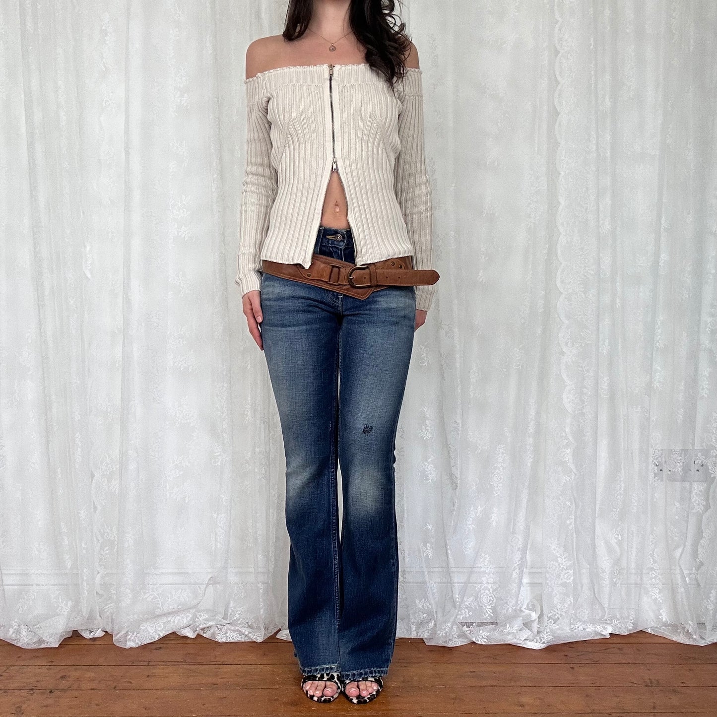 vintage 00s cream knitted off shoulder dual zip jumper