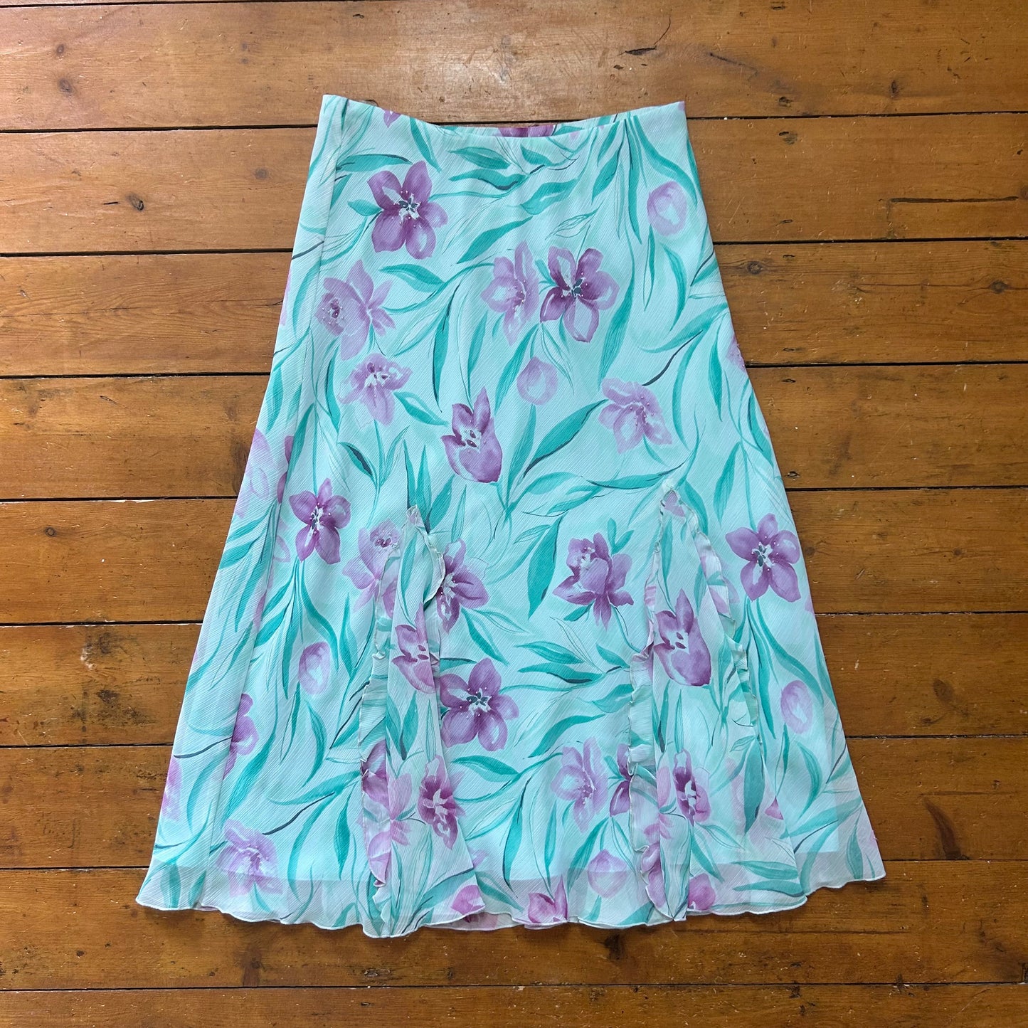 vintage 00s blue and purple floral midi skirt